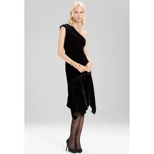 Josie Natori One-Shoulder Velvet Cocktail Dress, Black, Women's, 10 NWT